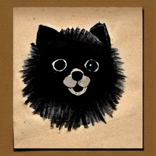 Image similar to a cute black robot pomeranian!!!. ( ( ( alcohol ink on parchment, muted colors, shading!!!, detailed, textured parchment background, 1 9 5 0 s concept art ) ) )