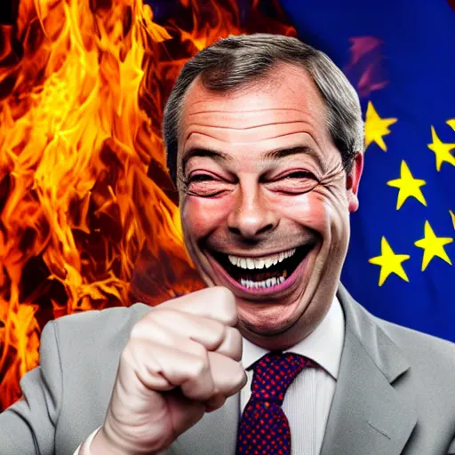 Image similar to nigel farage laughing holding burning eu flag, studio photograph, hd, studio