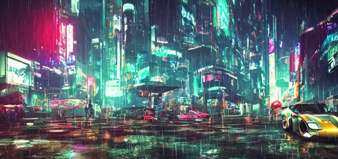 Image similar to cyberpunk look of Small outdoor carnival, rain, night, flying cars, digital art, 8k, many details