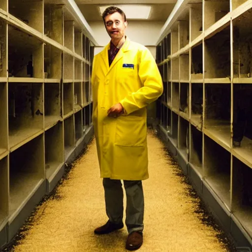 Image similar to flash low quality photograph of a male scientist wearing a lab coat in the backrooms, mustard - yellow old moldy moist carpet room, empty liminal space, very dark shadows, broken fluorescent lighting, horror movie scene, film grain