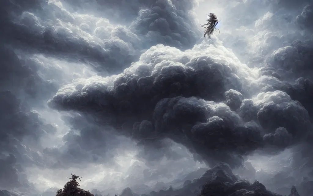 Prompt: demigod throne clouds, face made out of clouds, dramatic, intricate, elegant, detailed, digital painting, artstation, concept art, smooth, sharp focus, illustration, cinematic, gustave dore, peter mohrbacher, octane render