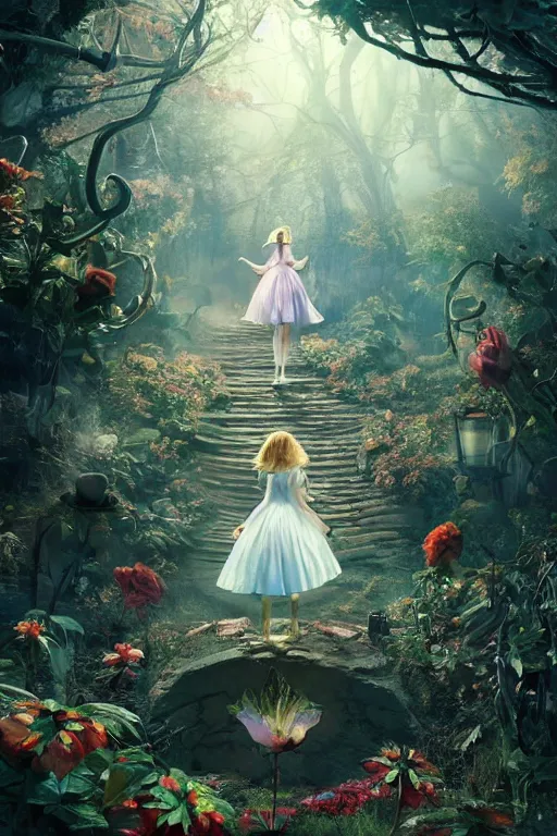 Image similar to Alice in wonderland on DMT, dramatic lighting, cinematic, establishing shot, extremely high detail, foto realistic, cinematic lighting, post processed, concept art, high details, cinematic, 8k resolution, beautiful detailed, photorealistic, digital painting, artstation, concept art, smooth, sharp focus, artstation trending, octane render, unreal engine