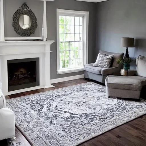 Image similar to cozy living room, grey walls, white ceiling, fireplace, medallion area rug