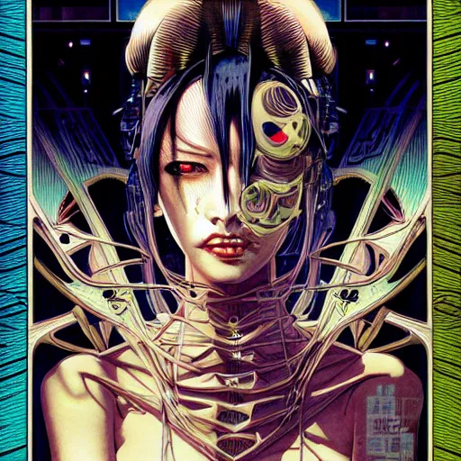 Image similar to portrait of crazy seductive cyberpunk woman, symmetrical, by yoichi hatakenaka, masamune shirow, josan gonzales and dan mumford, ayami kojima, takato yamamoto, barclay shaw, karol bak, yukito kishiro