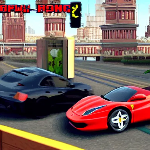 Prompt: flappy bird road raging in a ferrari