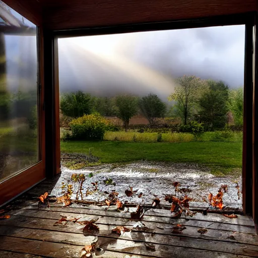 Image similar to a cinematic landscape view looking out a window into an open field, wind blows the leaves, and the sun shines through the parted clouds, a small flow of water runs through the backyard