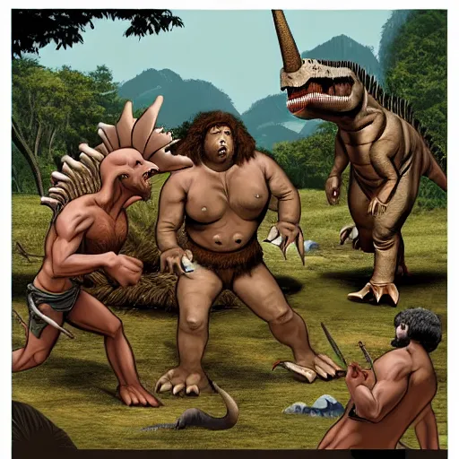 Image similar to A large dinosaur fighting with several realistic detailed cavemen with proportioned bodies, next to the dinosaur are cavemen, the cavemen are armed with spears, the caveman are in a fighting stance, the cavemen are wearing animal furs, one caveman is stabbing the dinosaur with his spear, one caveman is cowering in fear, coarse canvas, visible brushstrokes, intricate, extremely detailed painting by Giorgione (and by Greg Rutkowski)