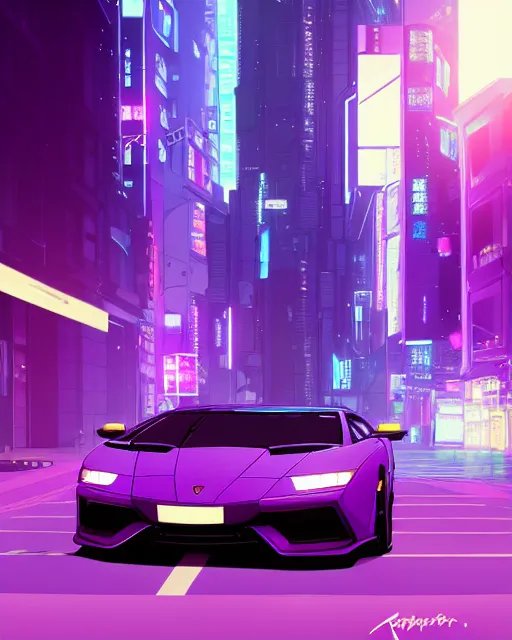 Image similar to digital illustration of cyberpunk pretty girl with blue hair, standing in front of a purple lamborghini, in city street at night, by makoto shinkai, ilya kuvshinov, lois van baarle, rossdraws, basquiat