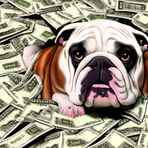 Image similar to english bulldog in pile of money, artstation