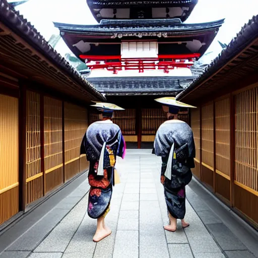 Prompt: real photo of a pair of japanese oni walking in kyoto, high detail,