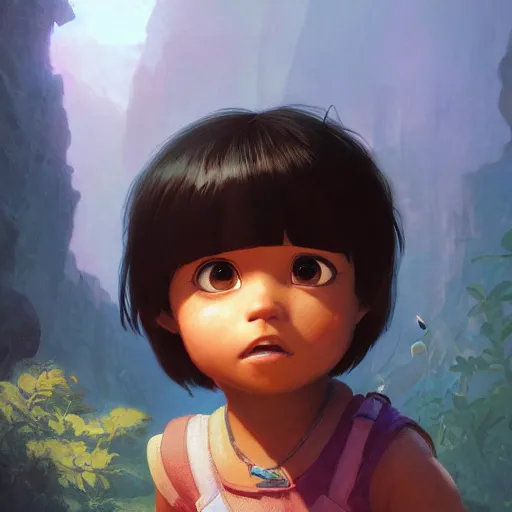 Prompt: dora the explorer, illustrated by greg rutkowski and gaston bussiere, cgsociety contest winner, artstation, portrait image, photorealistic facial features, 4 k, 8 k, volumetric lighting, white backdrop