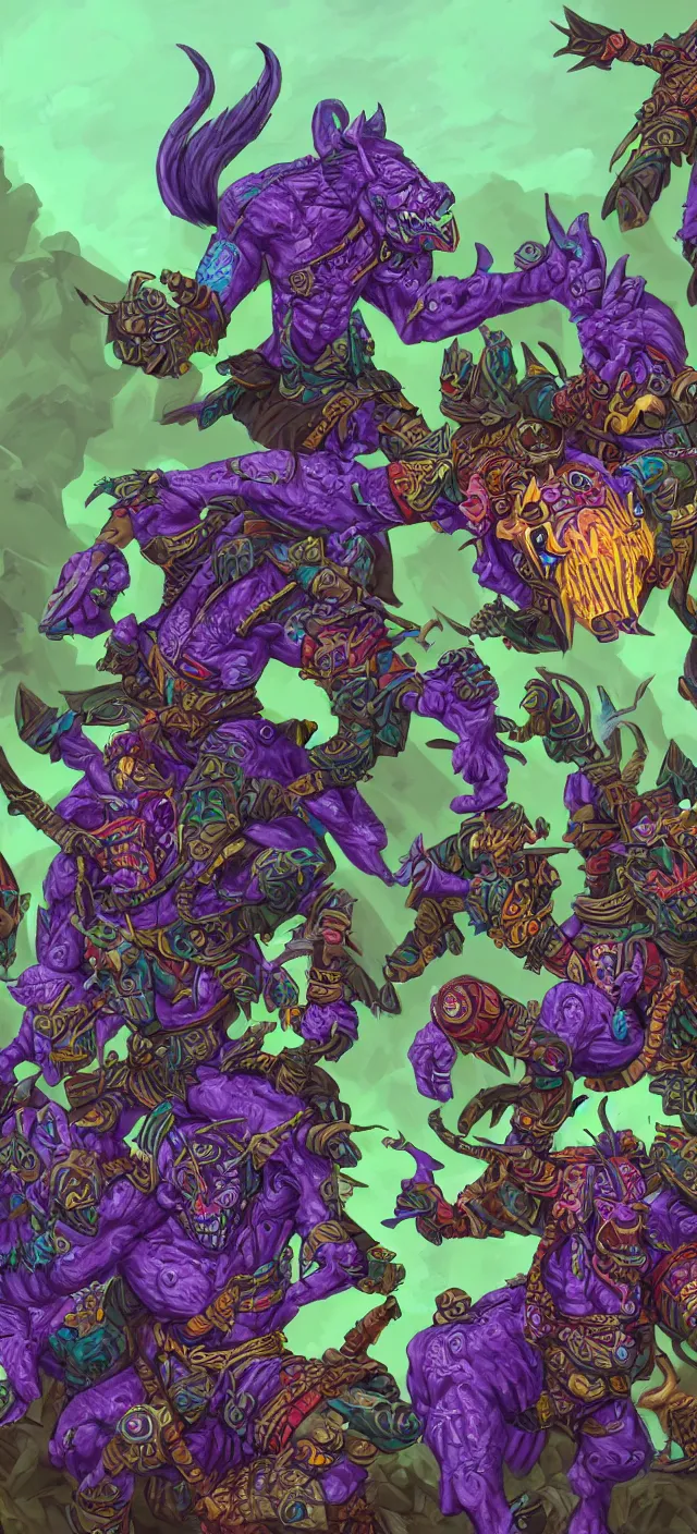 Prompt: zandalari trolls riding purple green red and blue raptors in senjin village, digital art, world of warcraft, trending on artstation, incredibly detailed, voodoo magic, vibrant, award winning, intricate