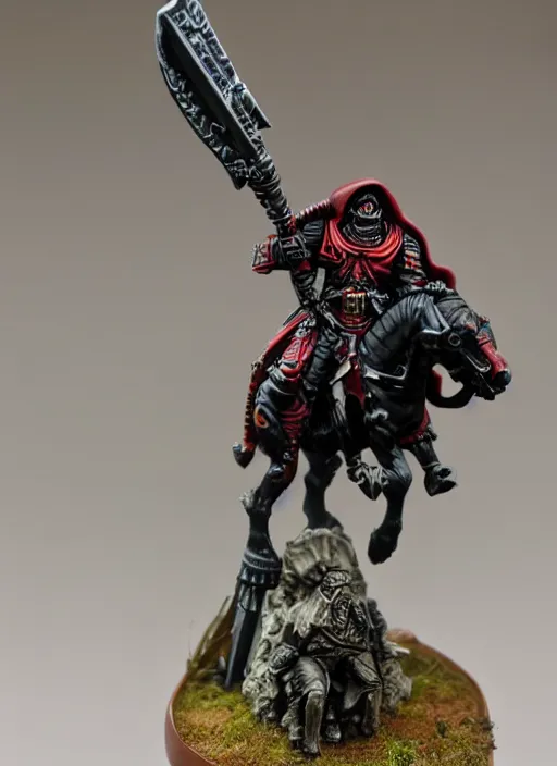 Prompt: 8 0 mm resin detailed miniature of a warhammer 4 0 k grim reaper, riding a black horse, bloody, product introduction photos, 4 k, full body,