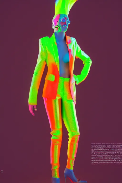 Prompt: a character wearing a super colorful fluo suit, vivienne westwood, detailed photoreal render octane render