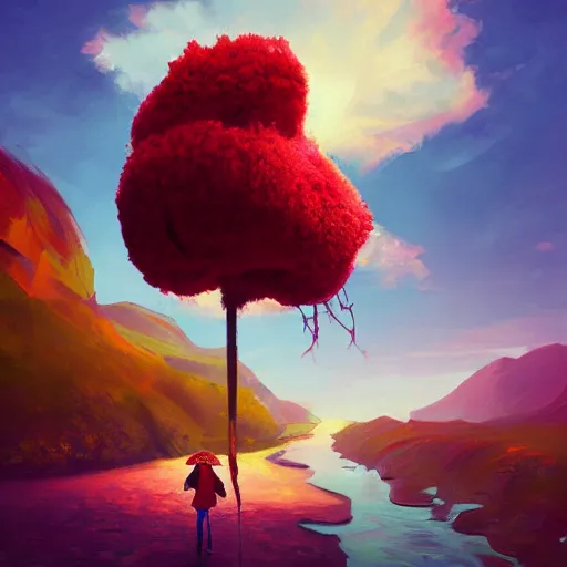 Image similar to giant cherry flower as a head, girl walking in a canyon, surreal photography, sunrise, dramatic light, impressionist painting, colorful clouds, digital painting, artstation, simon stalenhag