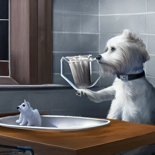 Image similar to a dog washing dishes, elegant, intricate, highly detailed, digital painting, artstation, concept art, sharp focus, illustration, 8 k