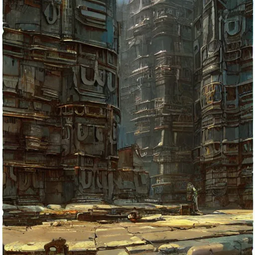 Prompt: painting of a scifi ancient civilzation victorian, brutalist architecture, ian mcque