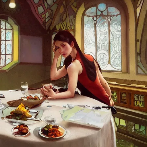 Image similar to journalist in oslo eating a trout, art by artgerm, greg rutkowski and alphonse mucha