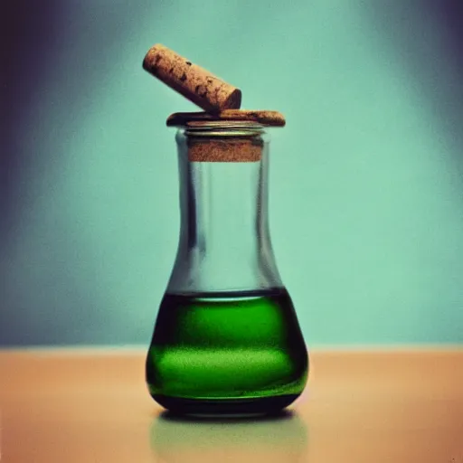 Image similar to small potion with a cork top filled with a green and turquoise gradient liquid, on a desk, old film photo