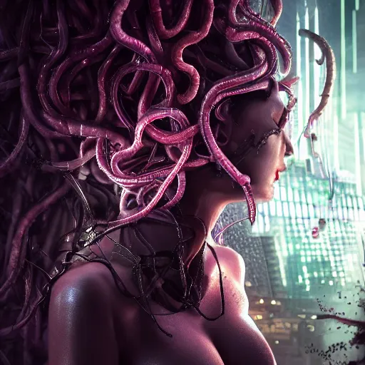 Image similar to Cyberpunk medusa, dark atmosphere, cinematic shot, intricate, ornate, photorealistic, ultra detailed, realistic, 35mm, photography, neon, octane, high definition, depth of field, bokeh, 8k, artstation