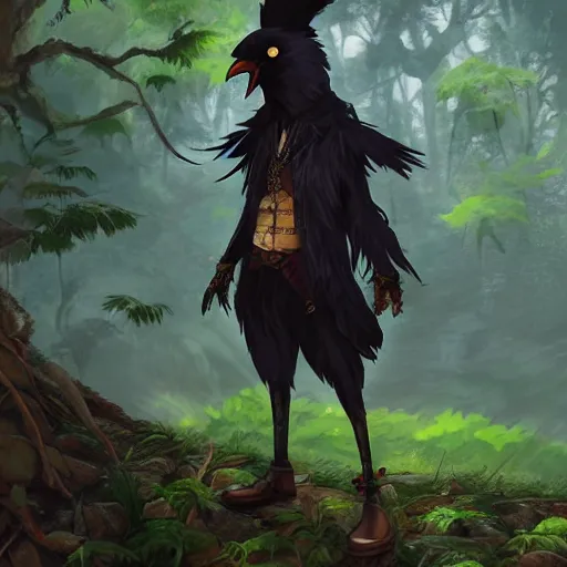 Prompt: concept art painting of an anthropomorphic humanoid crow, with steampunk clothes, in the deep forest, realistic, detailed, cel shaded, in the style of makoto shinkai and greg rutkowski and james gurney