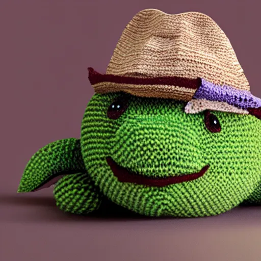 Prompt: a closeup photorealistic smiling knitted plush turtle wearing a fedora hat.