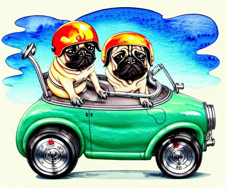 Image similar to cute and funny, pug wearing a helmet riding in a tiny hot rod with oversized engine, ratfink style by ed roth, centered award winning watercolor pen illustration, isometric illustration by chihiro iwasaki, edited by range murata, tiny details by artgerm and watercolor girl, symmetrically isometrically centered