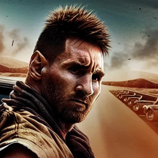 Image similar to Lionel Messi in Mad Max Fury Road, cinematic, sharp focus, movie still, atmospheric, 8k,