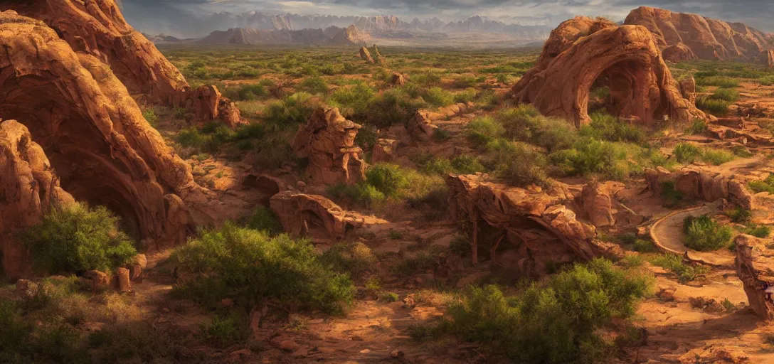 Image similar to beautiful utah desert, rock arcs, lush vegetation, landscape, alex ross, eddie mendoza, raphael lacoste, sebastian ludke, concept art, matte painting, highly detailed, rule of thirds, dynamic lighting, cinematic, detailed, magnificiant landscape, denoised, centerd