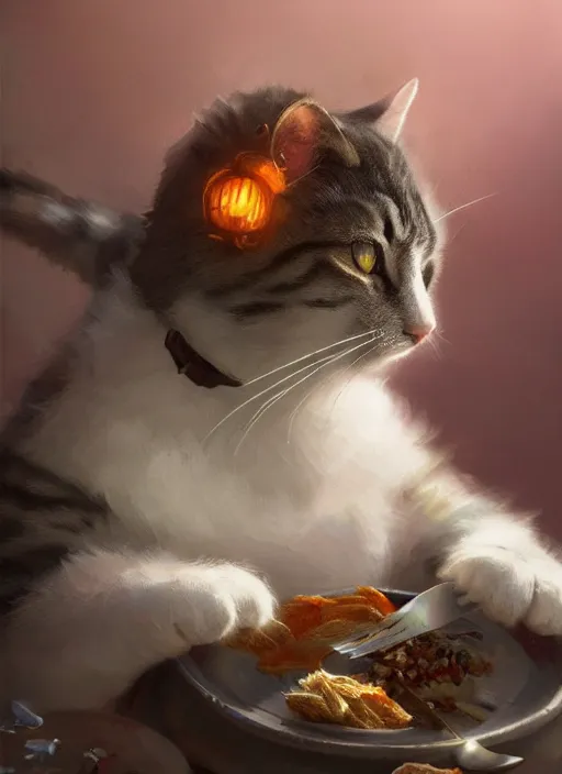 Image similar to a whimsical portrait of a cat stealing food ; by greg rutkowski, sung choi, mitchell mohrhauser, maciej kuciara, johnson ting, maxim verehin, peter konig, final fantasy, marco lense, hd, high detail, atmospheric, trending on artstation