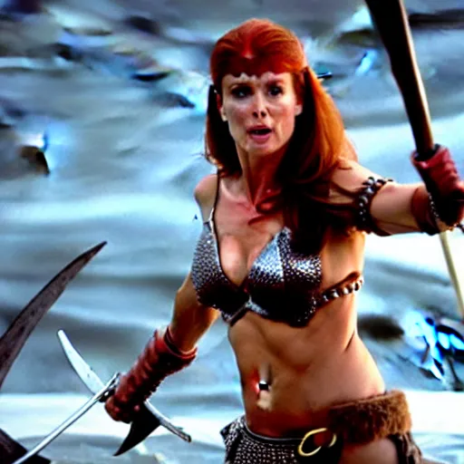 Image similar to nathaly portman as red sonja, action scene