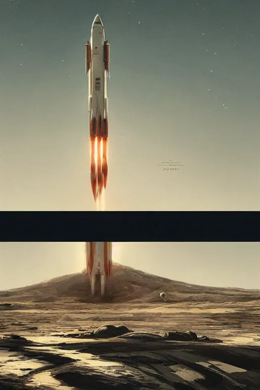 Image similar to poster artwork. distant rocket taking off. on the horizon. during golden hour. symmetry. washed out. desaturated. cinematic. art by wlop, mars ravelo and greg rutkowski.