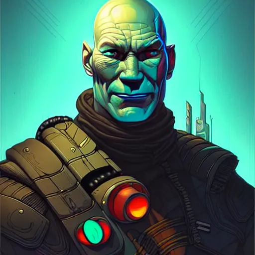 Prompt: portrait painting of a cyberpunk orc who looks like patrick stewart, shadowrun, sharp focus, award - winning, trending on artstation, masterpiece, highly detailed, intricate. art by josan gonzales and moebius and deathburger