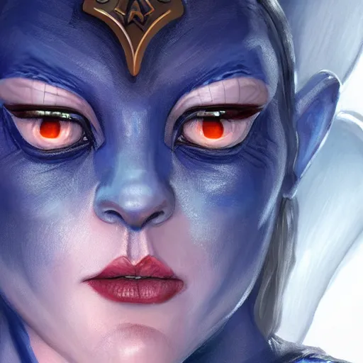 Image similar to shirley ann manson as a blue skinned tiefling, d & d, fantasy, portrait, highly detailed, headshot, digital painting, trending on artstation, concept art, sharp focus, illustration, art by artgerm and greg rutkowski and magali villeneuve