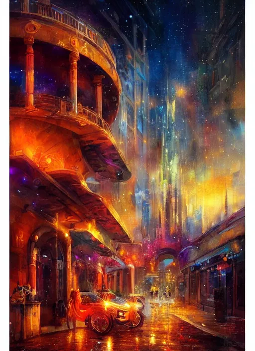 Image similar to ethereal starlit city of magic lost in time at sunset, italian futurism, art station, johan grenier, hd, digital painting