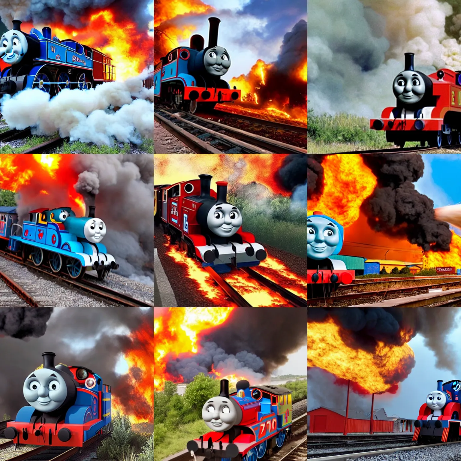 Prompt: photo of thomas the tank engine leaving a railroad station that is exploding into flames and fire behind him, smoke billowing into the sky