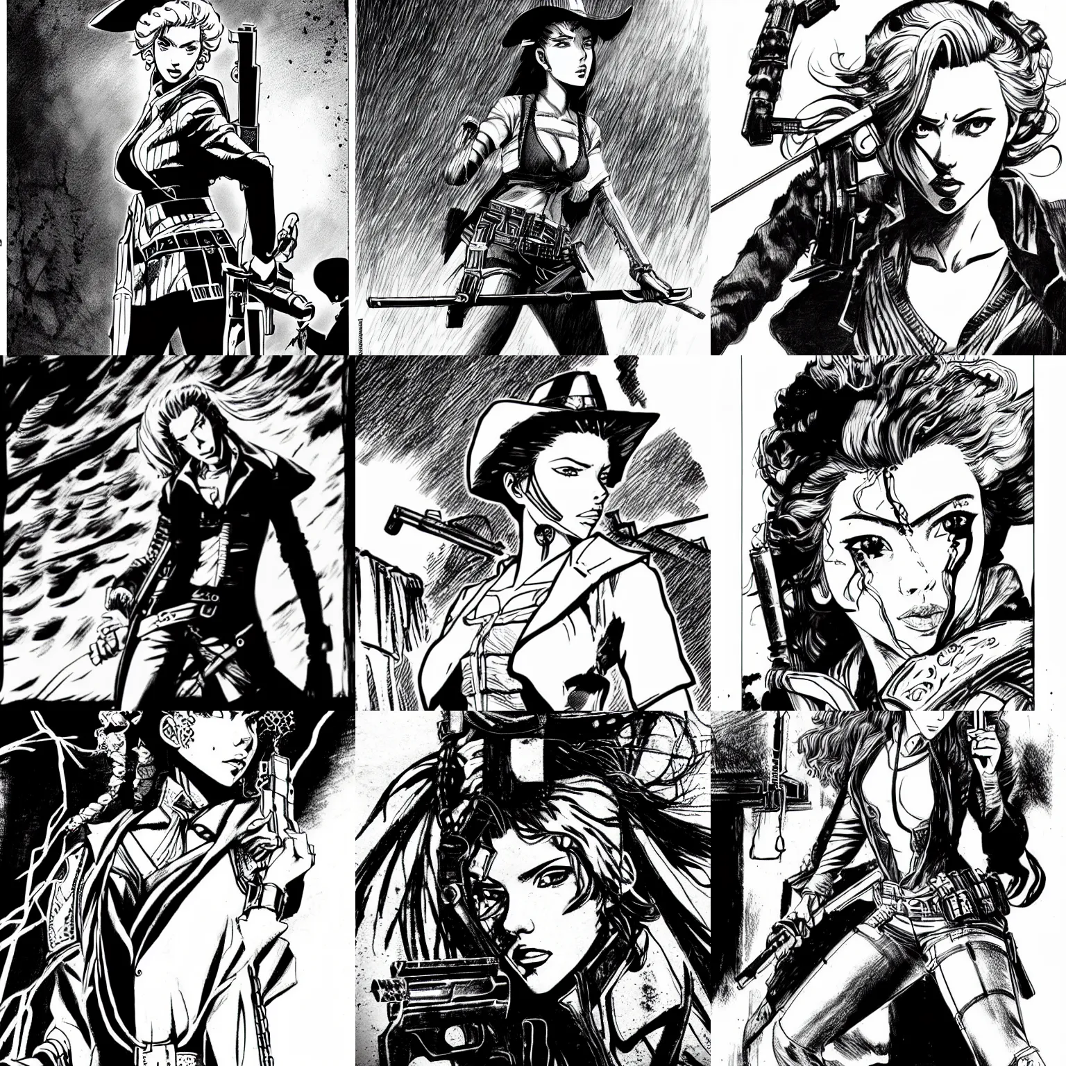 Prompt: scarlett johansson as a gunslinger in afro samurai manga style, pencil and ink, walking the wild west wastelands