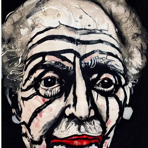 Image similar to close - up of queen elizabeth face painted as an old beggar by ralph steadman