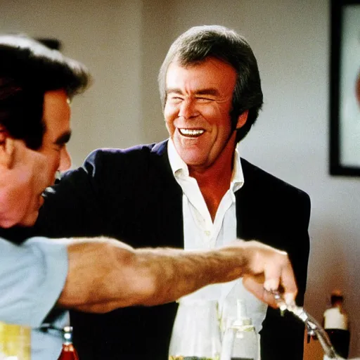 Image similar to kevin tighe laughing, as he kicks randy mantooth, who has a bottle of wine in his hand