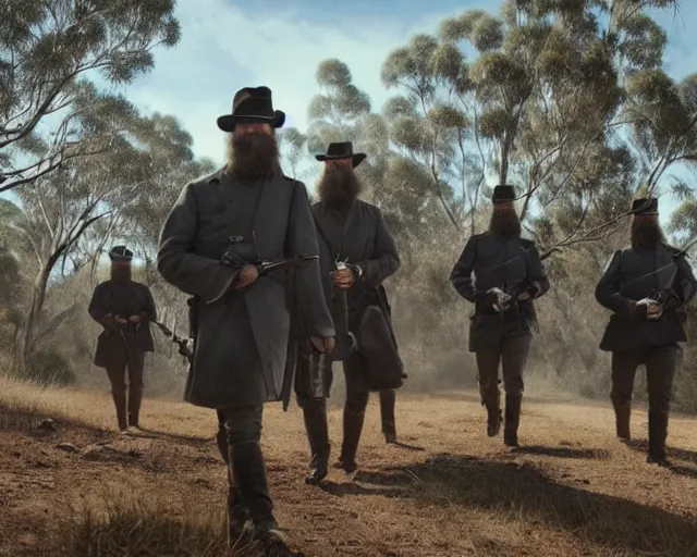 Prompt: ned kelly leading the kelly gang through australian native bushland shootout, epic action pose, global illumination, intricate detail, octane render, concept art, award winning hyperrealism photorealism cinematic still