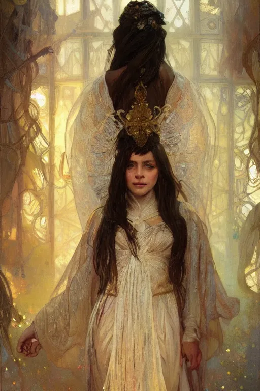 Image similar to hyperrealist portrait of a girl emperorit is decorated with long robes that fall like stars. by jeremy mann and alphonse mucha, fantasy art, photo realistic, dynamic lighting, artstation, poster, volumetric lighting, very detailed faces, 4 k, award winning