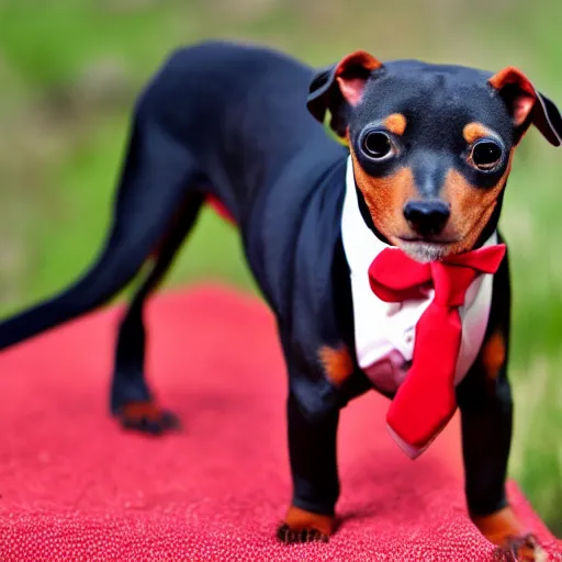 Prompt: pinscher wearing a black tuxedo and a red tie