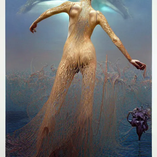 Image similar to queen of neptune by zdzisław beksinski, iris van herpen, raymond swanland, alexander mcqueen and alphonse mucha. highly detailed, hyper - real, beautiful