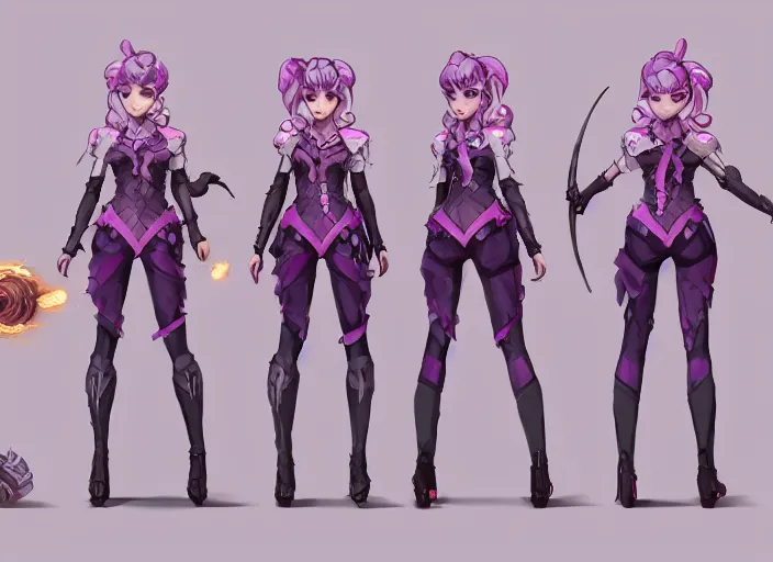Prompt: character sheet for a beautiful and cute girl for genshin impact by greg rutkowski, black to light pink fade hair, genshin impact style, overwatch style, sorcerer magic witch, longsword, digital art, trending on artstation, hd, 8 k, highly detailed, good lighting, beautiful, masterpiece