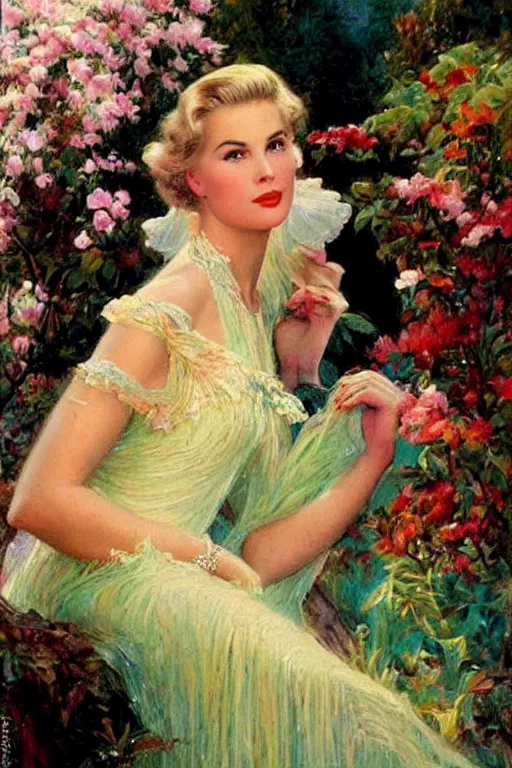 Prompt: A young and extremely beautiful Grace Kelly explaining the birds and the bees in the style of a modern Gaston Bussière, art nouveau, art deco, surrealism. Extremely lush detail. Perfect composition and lighting. Profoundly surreal. Sultry look on her face.