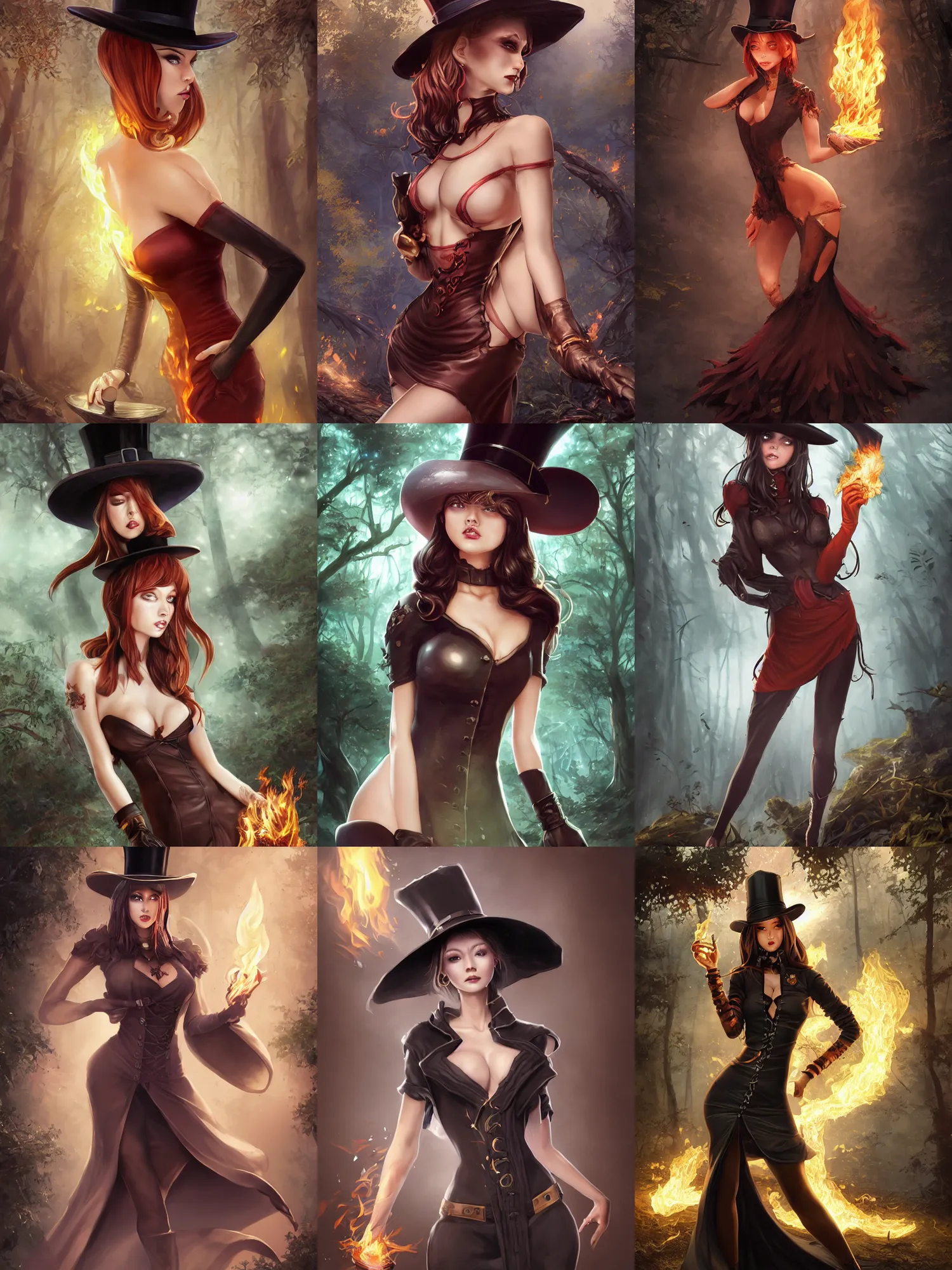 Prompt: full portrait of a dark fantasy female pyromancer, skintight dress, top hat, finesse, key visual, realistic shaded perfect face, fine details, forest background, smooth, highly detailed, digital illustration, by stanley artgerm lau, wlop, rossdraws, james jean, andrei riabovitchev, marc simonetti, and sakimichan