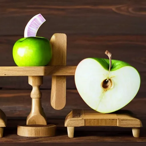 Prompt: set of balance scales with one apple in one side and one onion in the other