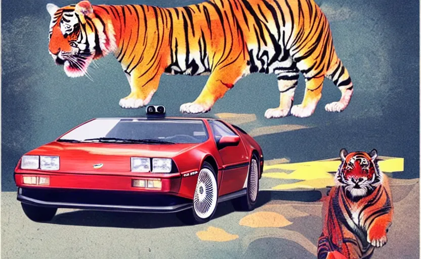 Image similar to a red delorean with a yellow tiger, art by hsiao - ron cheng & shinya edaki in a magazine collage style, # de 9 5 f 0