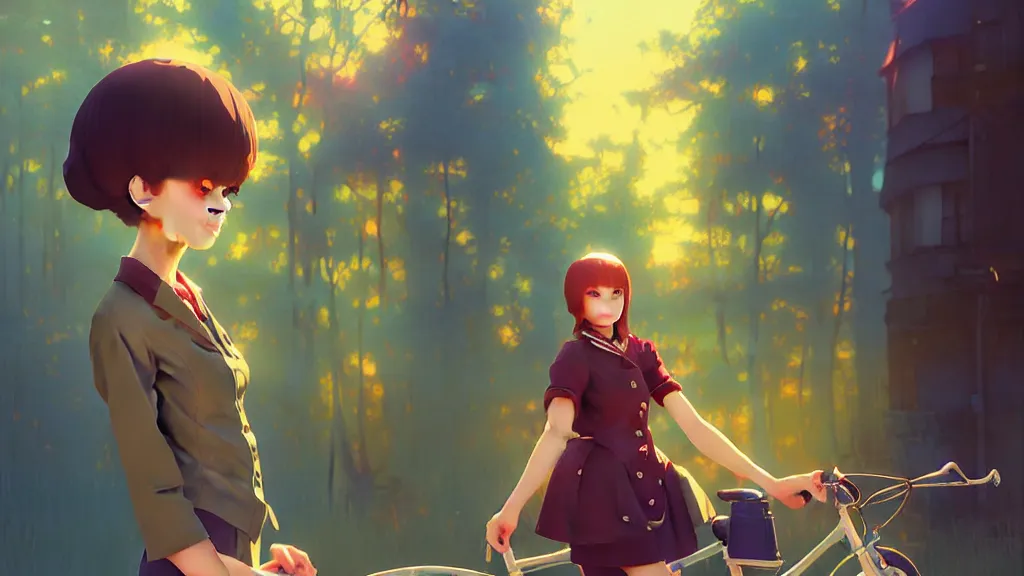 Prompt: anime noon scene, high detail concept art, perfect proportions fine face, girl with vintage bike, avant designer uniform, vivid colors, realistic shaded lighting poster fantasy art ilya kuvshinov, sakimi, jeremy lipking and michael germash, makoto shinkai, loish and clamp style, best selling artist