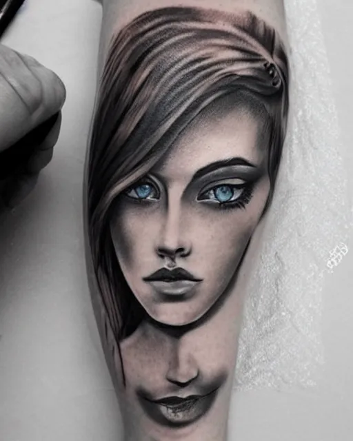 Image similar to tattoo design sketch of a beautiful blue - eyed woman face with a faded background of beautiful mountains and nature on her side, hyper - realistic, in the style of den yakovlev, amazing detail, black and white